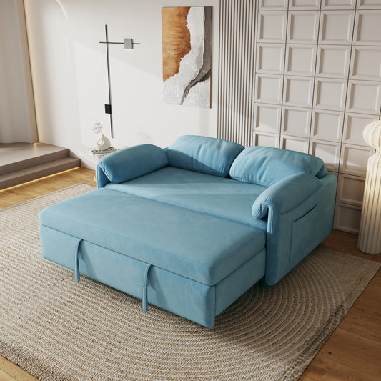 Sofa Showcase: 54 Velvet Blue Sofa Bed - A Dual-Purpose Living Room Gem with a Retractable Bed Option