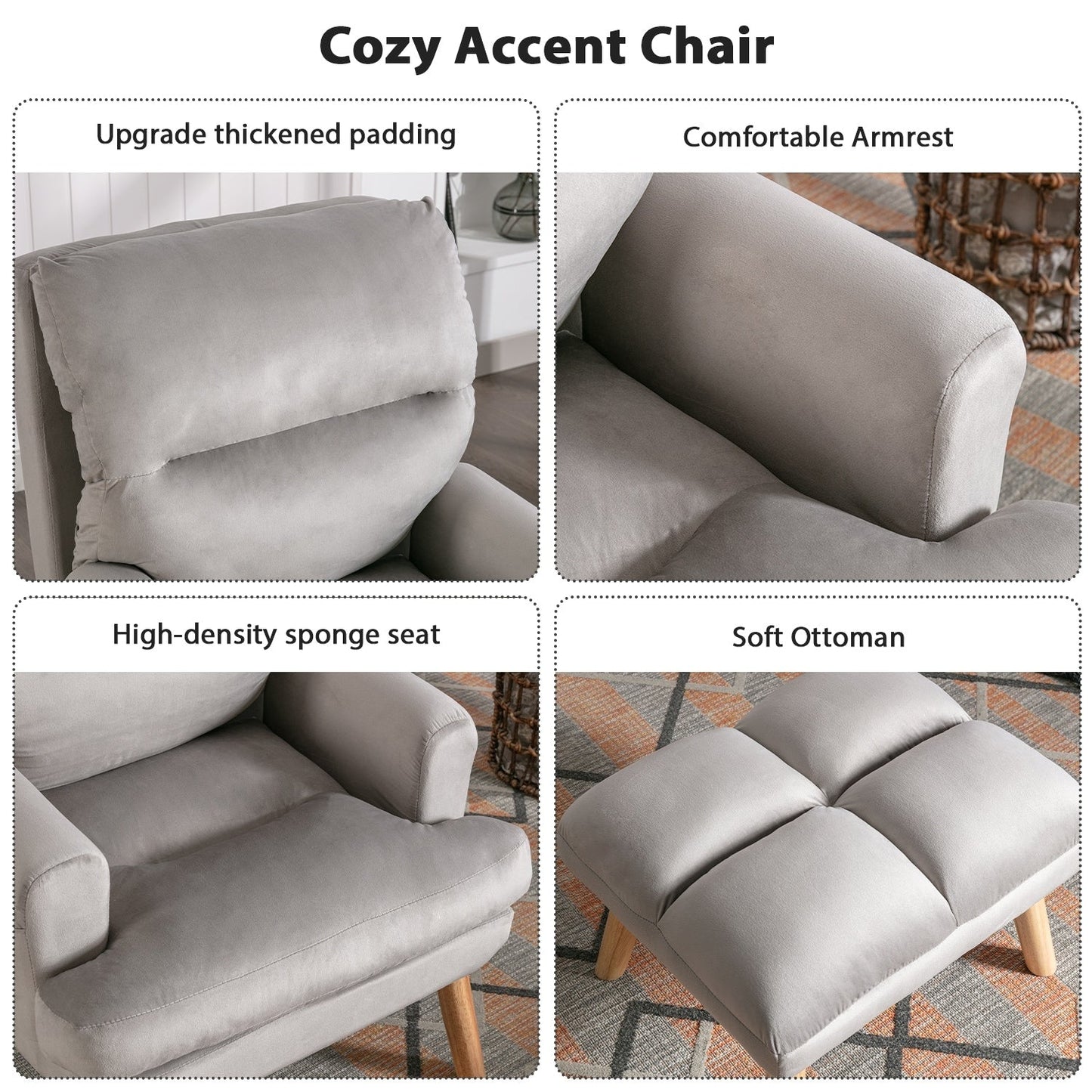 Fauteuil de salon décontracté en tissu doux avec dossier et pieds réglables