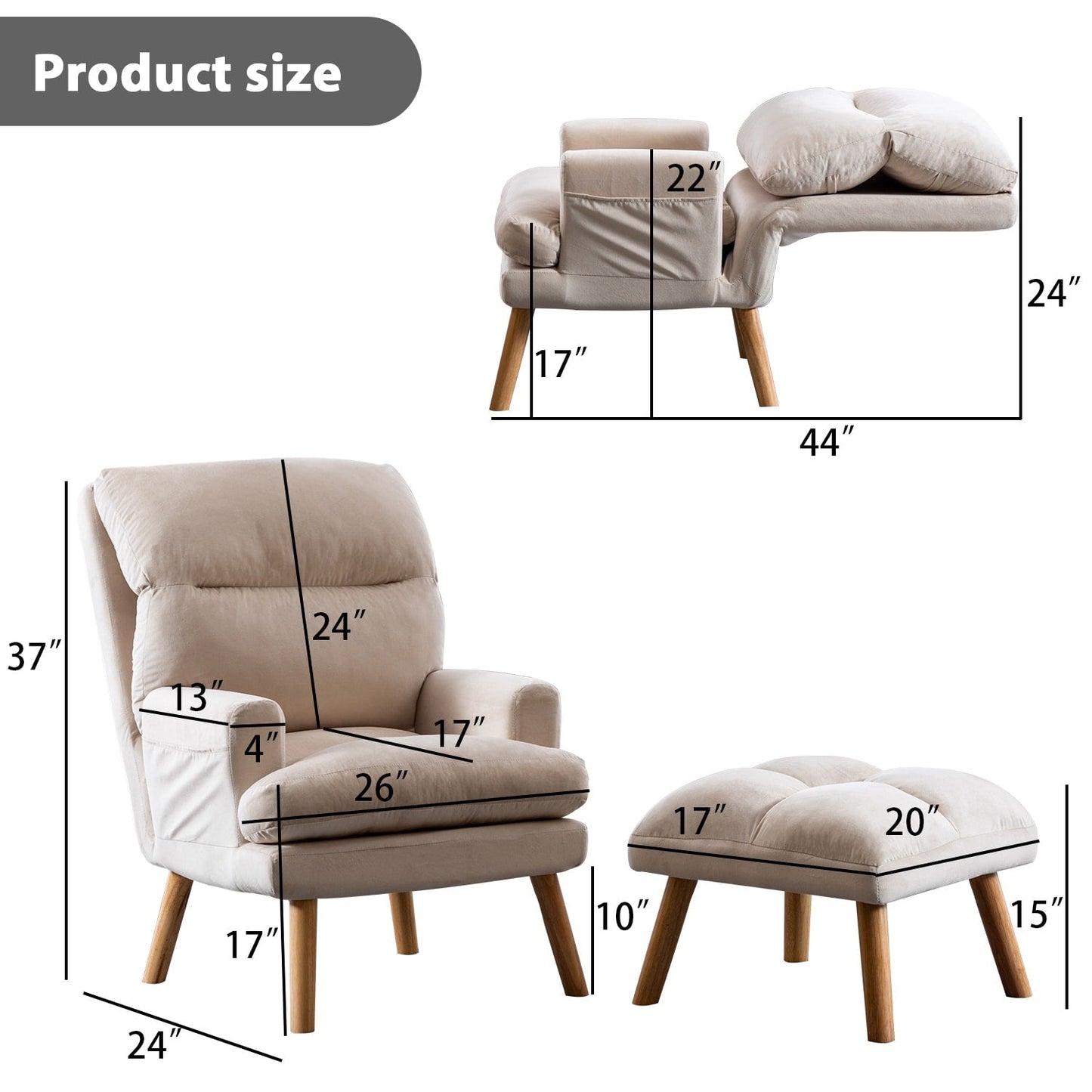 Fauteuil de salon décontracté en tissu doux avec dossier et pieds réglables