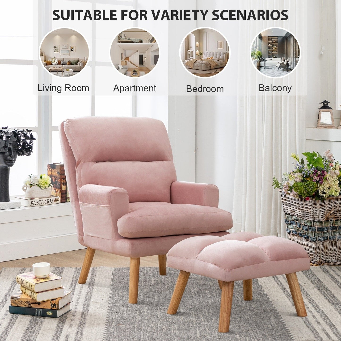 Fauteuil de salon décontracté en tissu doux avec dossier et pieds réglables