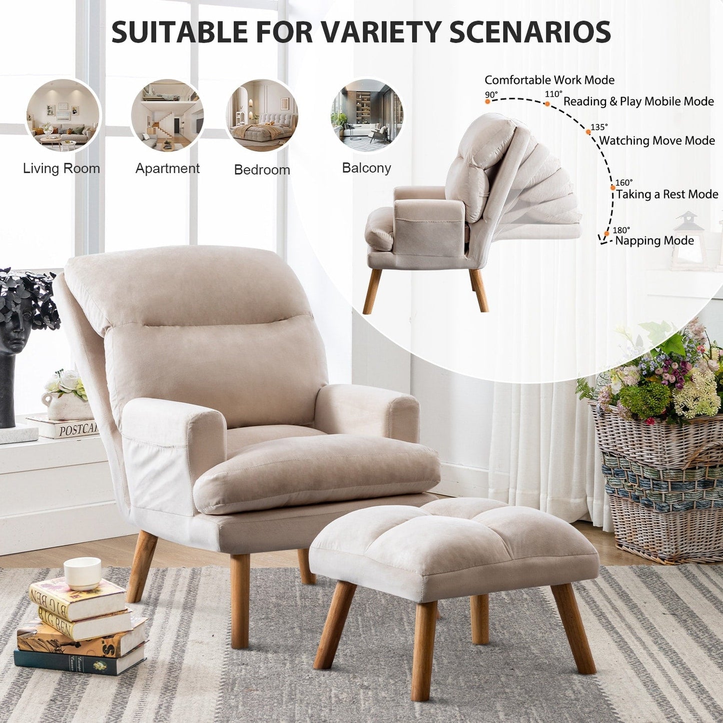 Fauteuil de salon décontracté en tissu doux avec dossier et pieds réglables