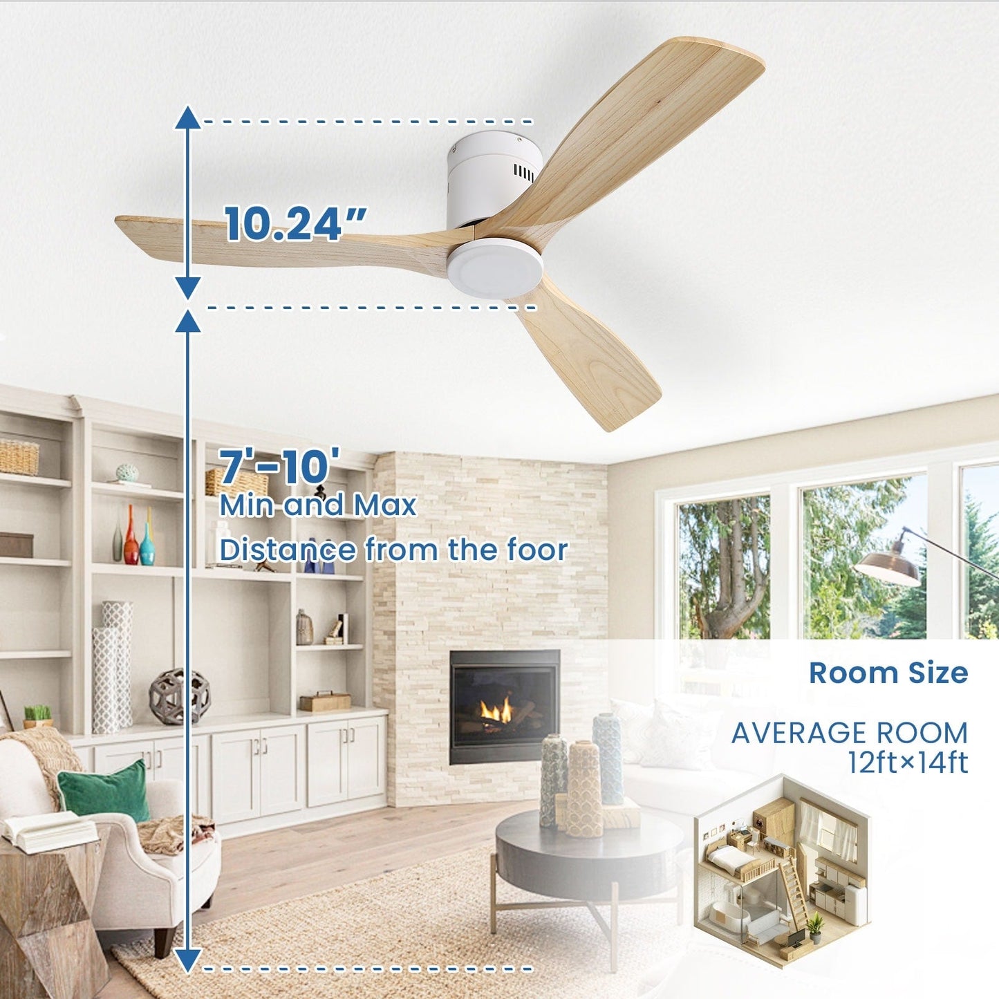 Ventilateur de plafond encastré Sofucor 52 pouces avec télécommande, moteur réversible et éclairage intégré en option