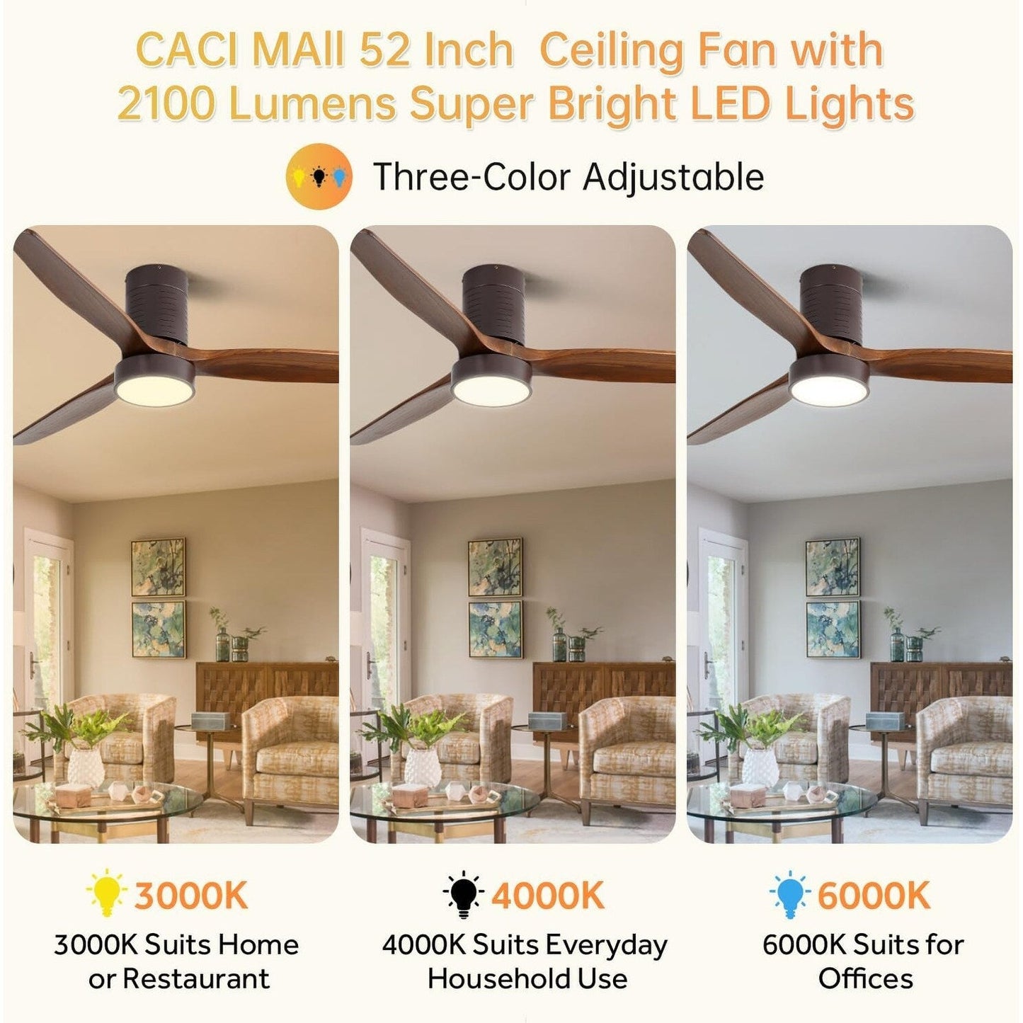 Ventilateur de plafond encastré Sofucor 52 pouces avec télécommande, moteur réversible et éclairage intégré en option