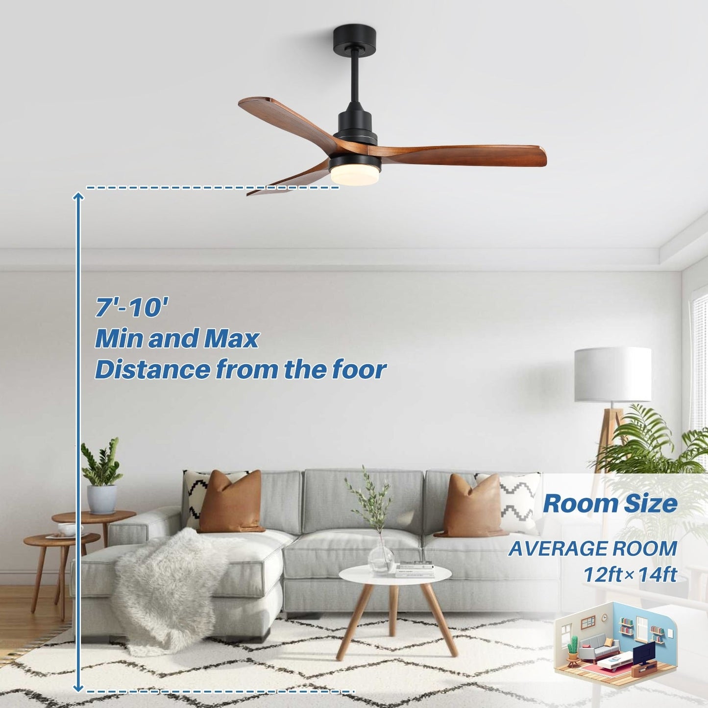 Ventilateur de plafond d'intérieur en bois Sofucor 52 avec télécommande et éclairage intégré en option