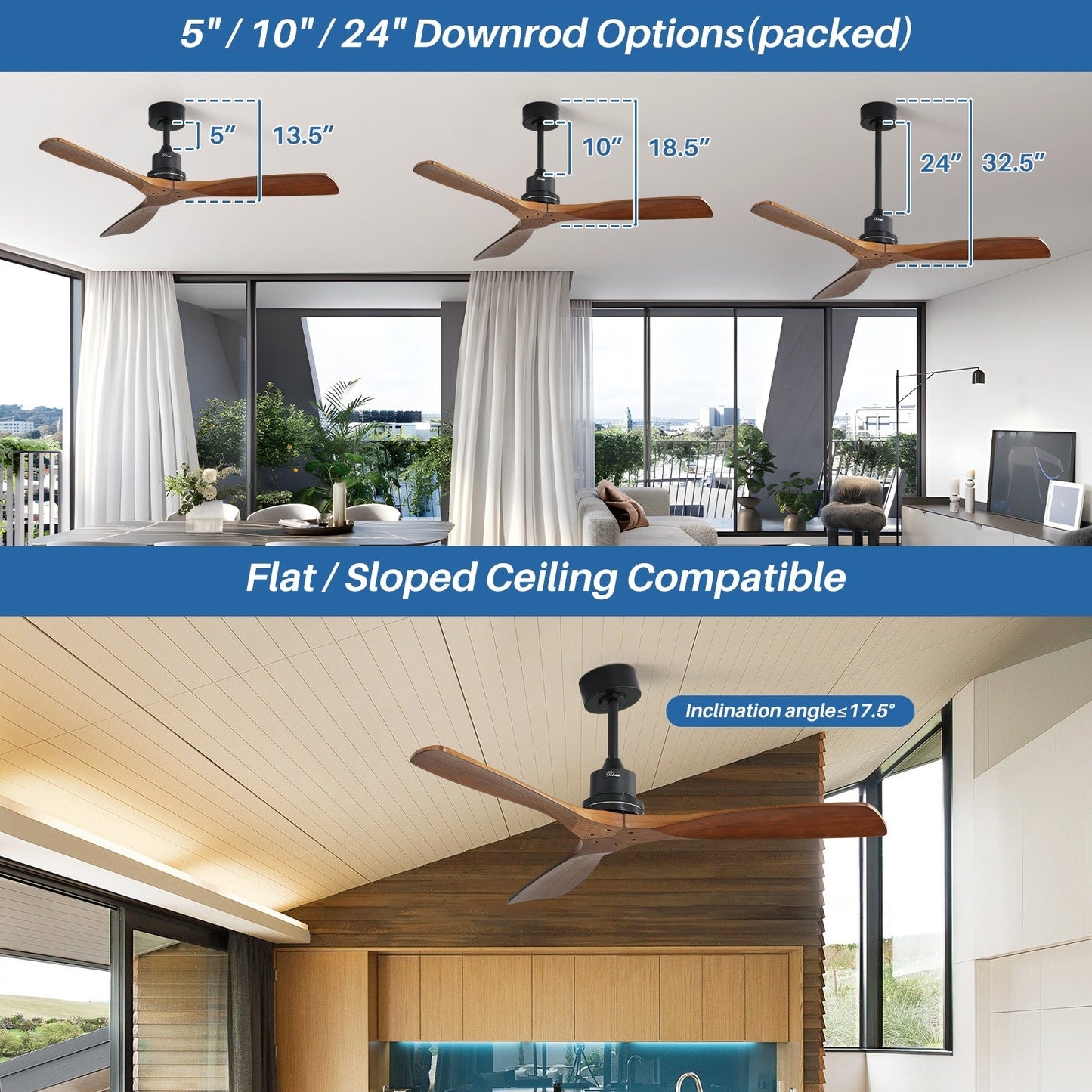 Ventilateur de plafond d'intérieur en bois Sofucor 52 avec télécommande et éclairage intégré en option