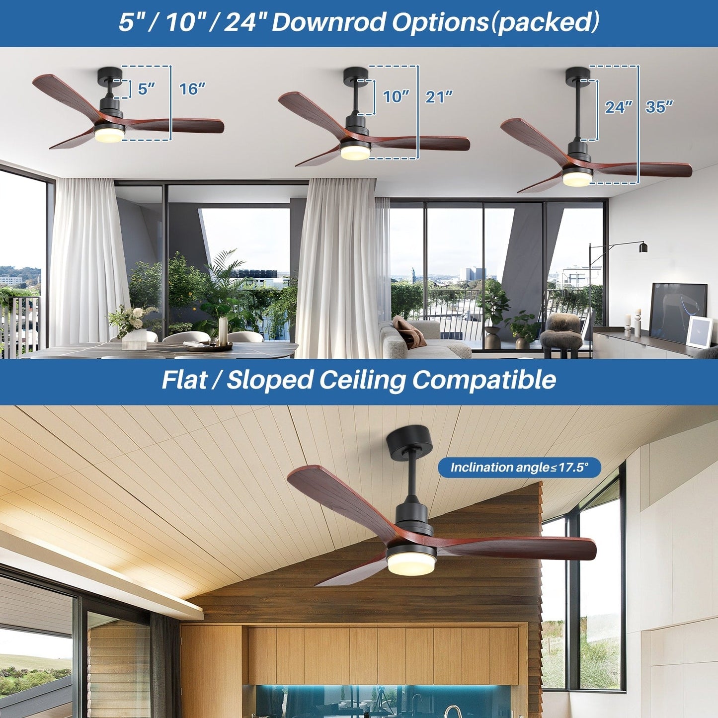 Ventilateur de plafond d'intérieur en bois Sofucor 52 avec télécommande et éclairage intégré en option