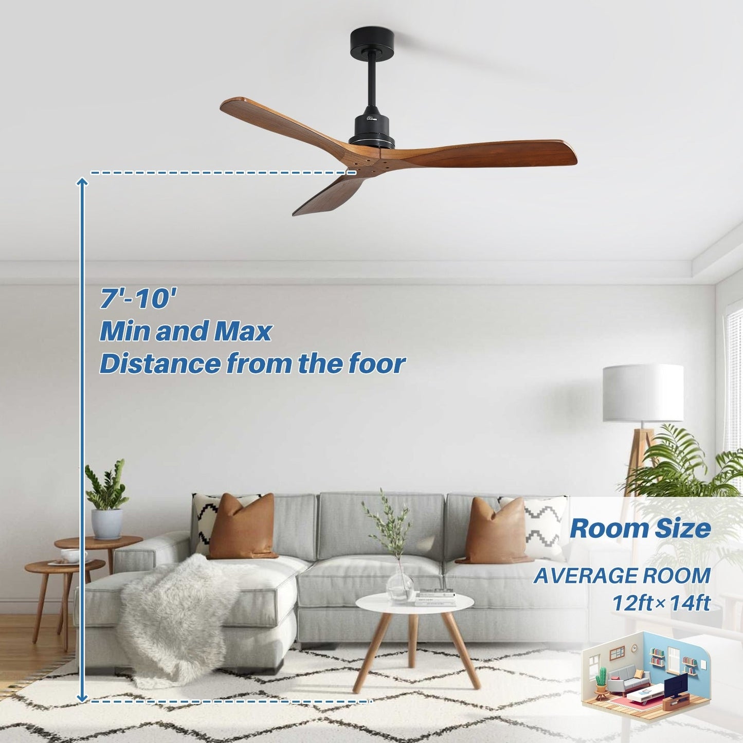 Ventilateur de plafond d'intérieur en bois Sofucor 52 avec télécommande et éclairage intégré en option