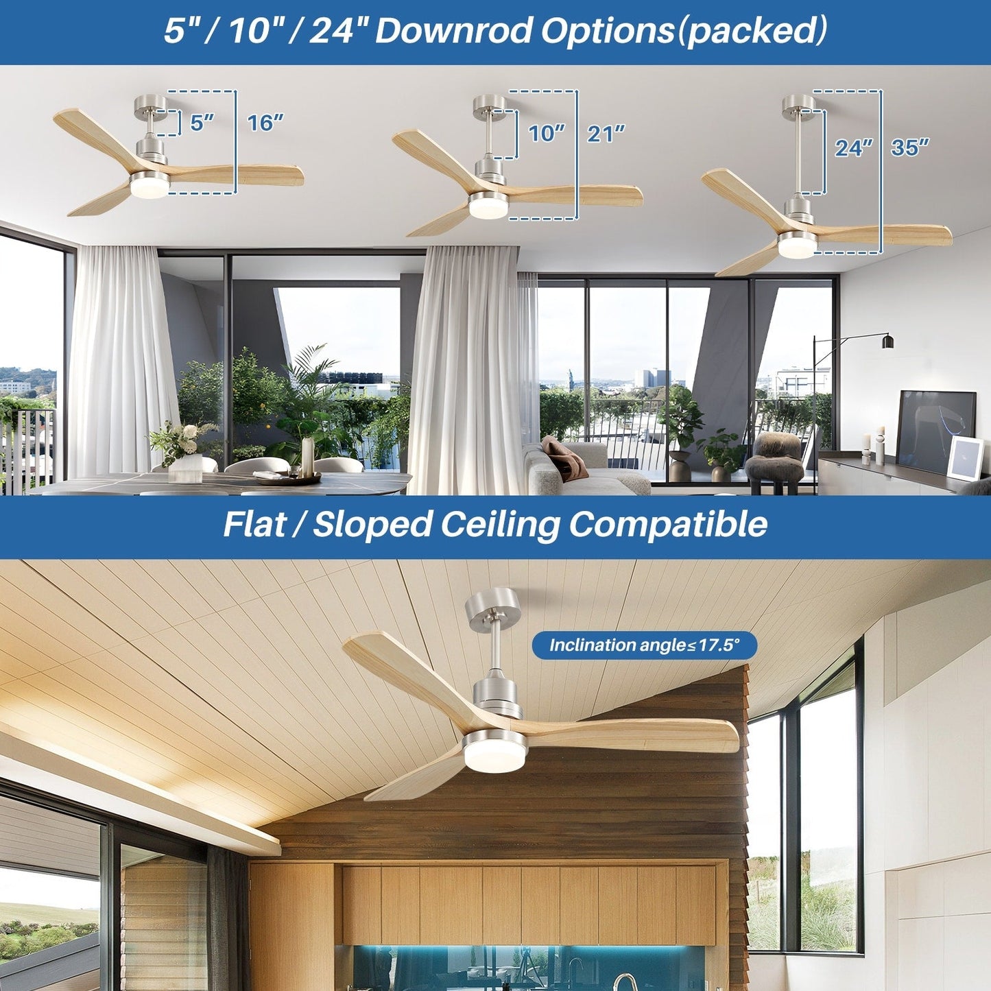 Ventilateur de plafond d'intérieur en bois Sofucor 52 avec télécommande et éclairage intégré en option