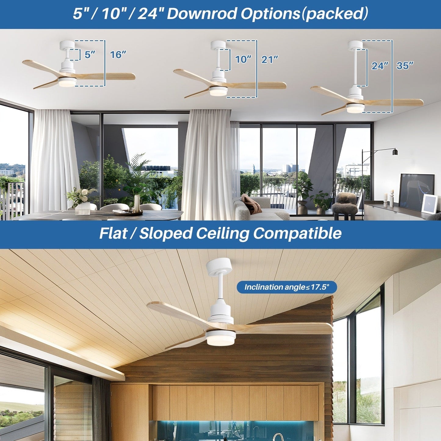 Ventilateur de plafond d'intérieur en bois Sofucor 52 avec télécommande et éclairage intégré en option