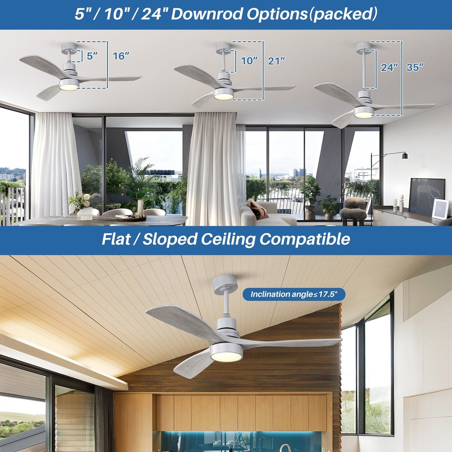 Ventilateur de plafond d'intérieur en bois Sofucor 52 avec télécommande et éclairage intégré en option