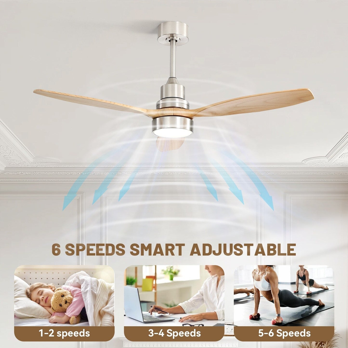 Ventilateur de plafond d'intérieur en bois Sofucor 52 avec télécommande et éclairage intégré en option