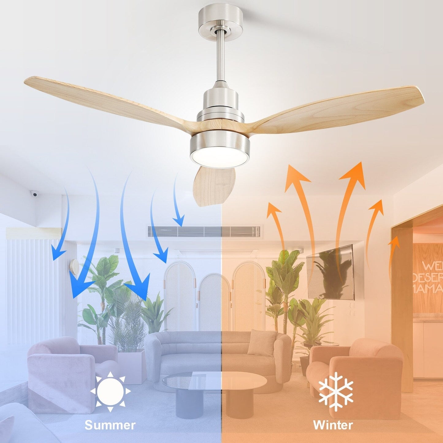 Ventilateur de plafond d'intérieur en bois Sofucor 52 avec télécommande et éclairage intégré en option