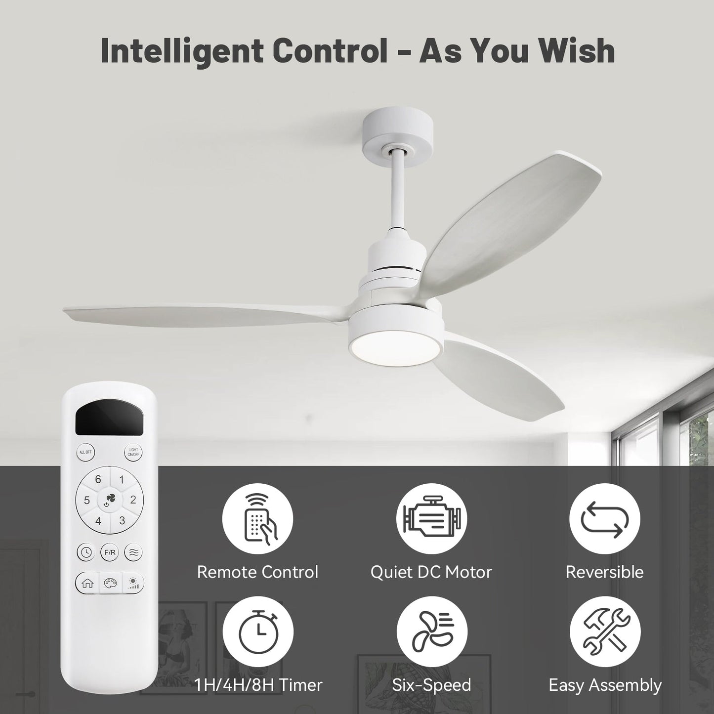 Ventilateur de plafond d'intérieur en bois Sofucor 52 avec télécommande et éclairage intégré en option