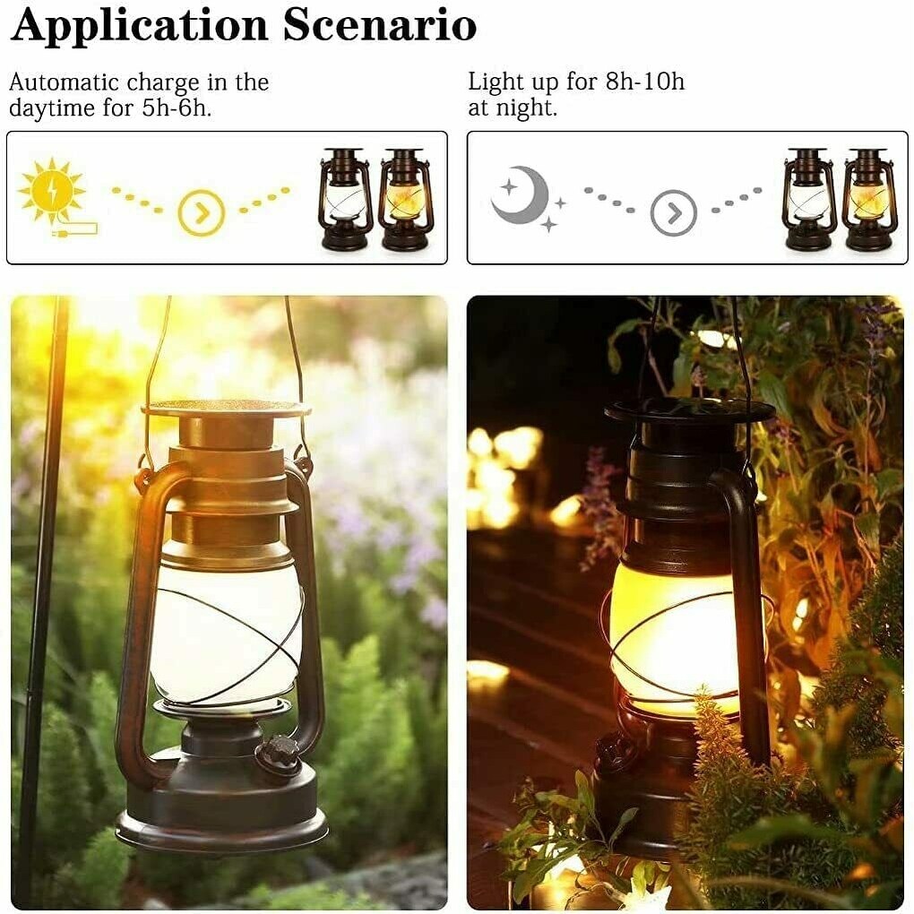 Lot de 2 lanternes solaires suspendues vintage à LED avec flamme vacillante