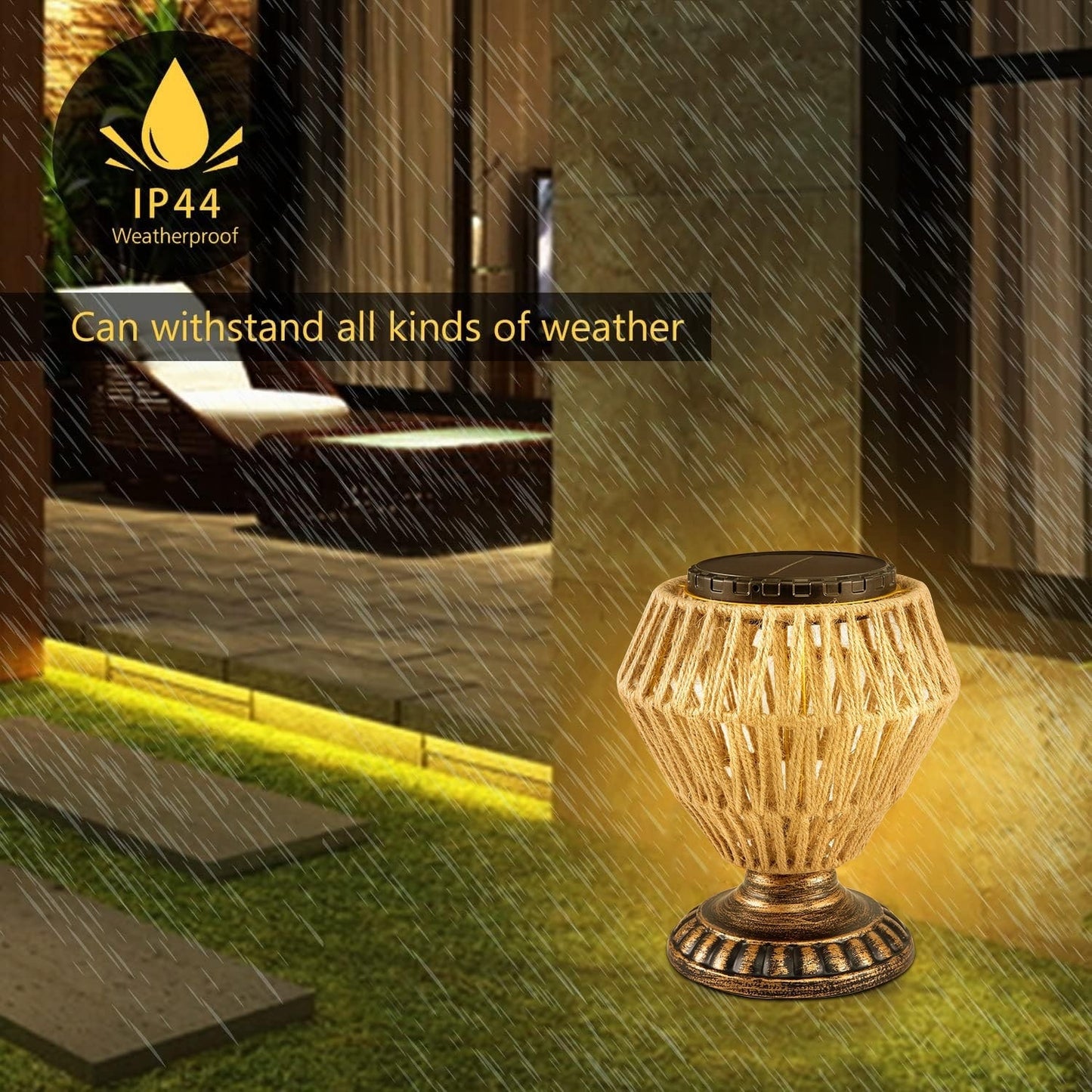 Lampe de chevet à panneau solaire en rotin tissé, intensité variable, décorative pour l'extérieur et l'intérieur
