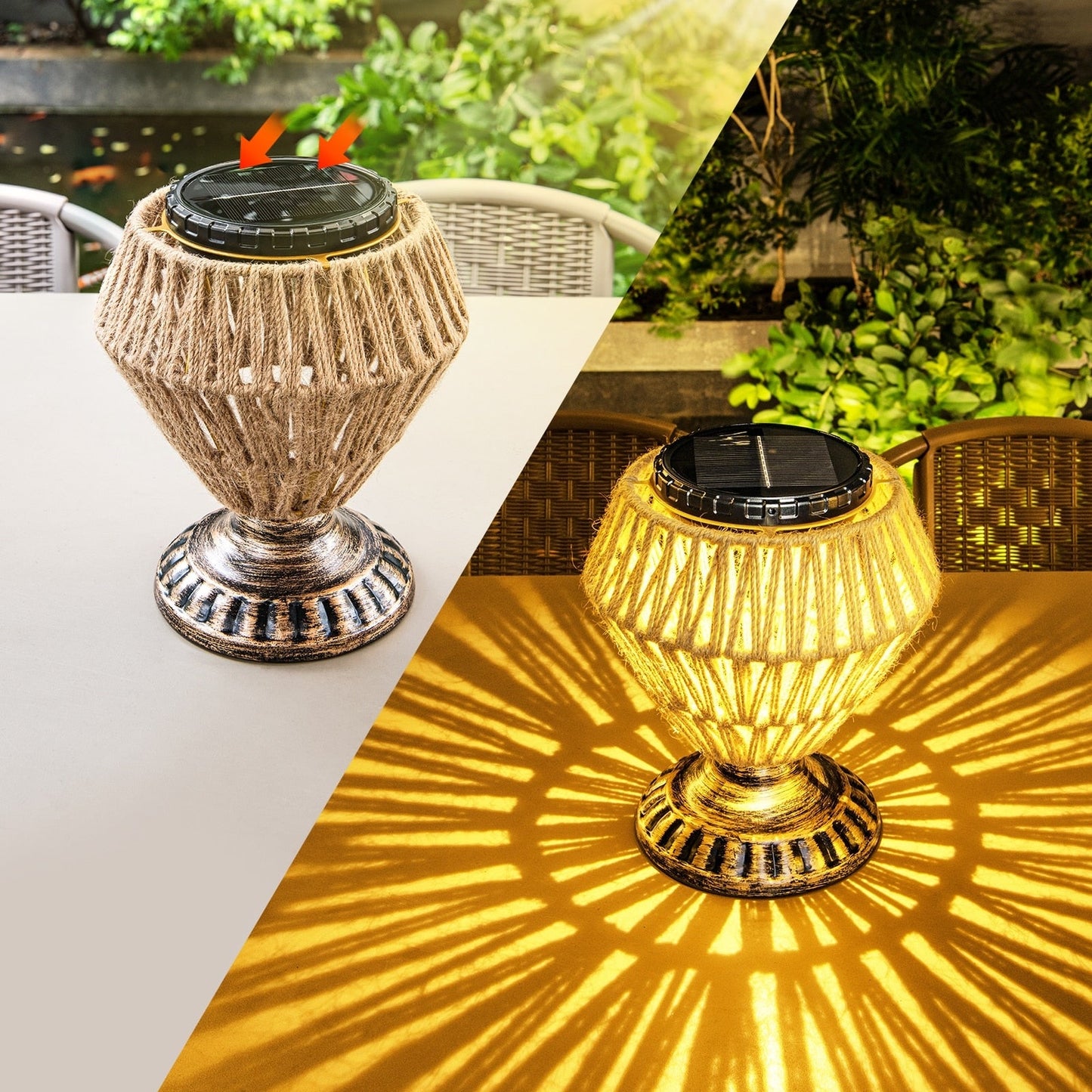 Lampe de chevet à panneau solaire en rotin tissé, intensité variable, décorative pour l'extérieur et l'intérieur