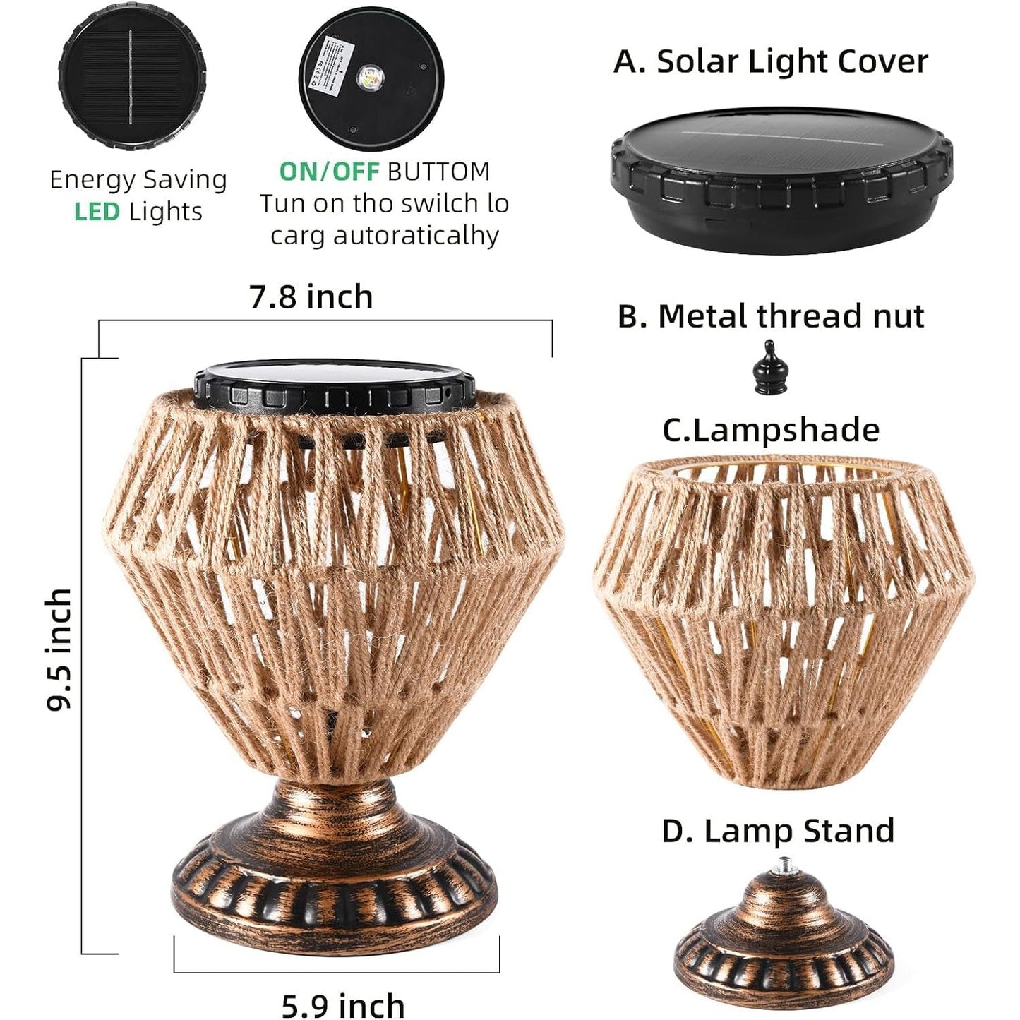 Lampe de chevet à panneau solaire en rotin tissé, intensité variable, décorative pour l'extérieur et l'intérieur