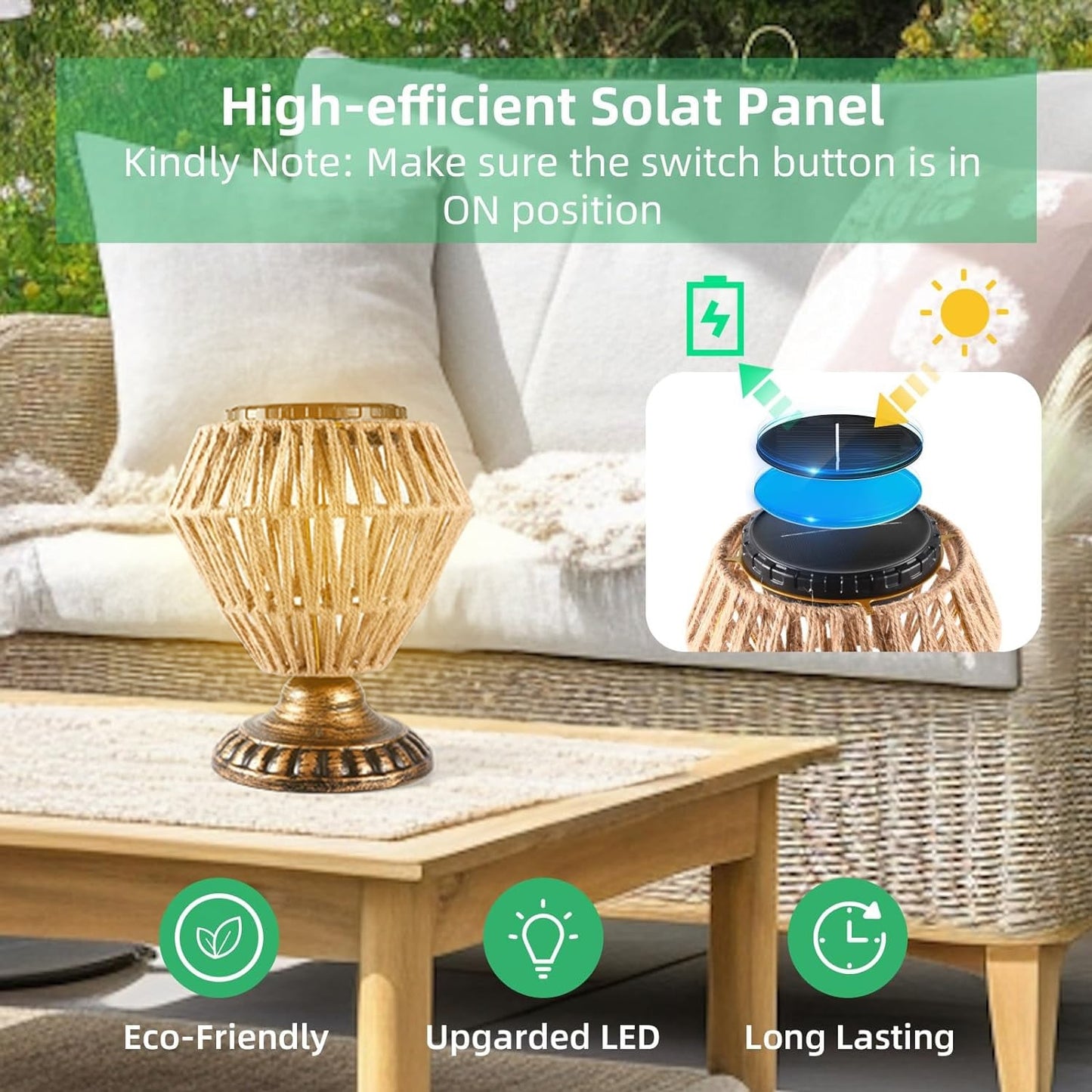 Lampe de chevet à panneau solaire en rotin tissé, intensité variable, décorative pour l'extérieur et l'intérieur