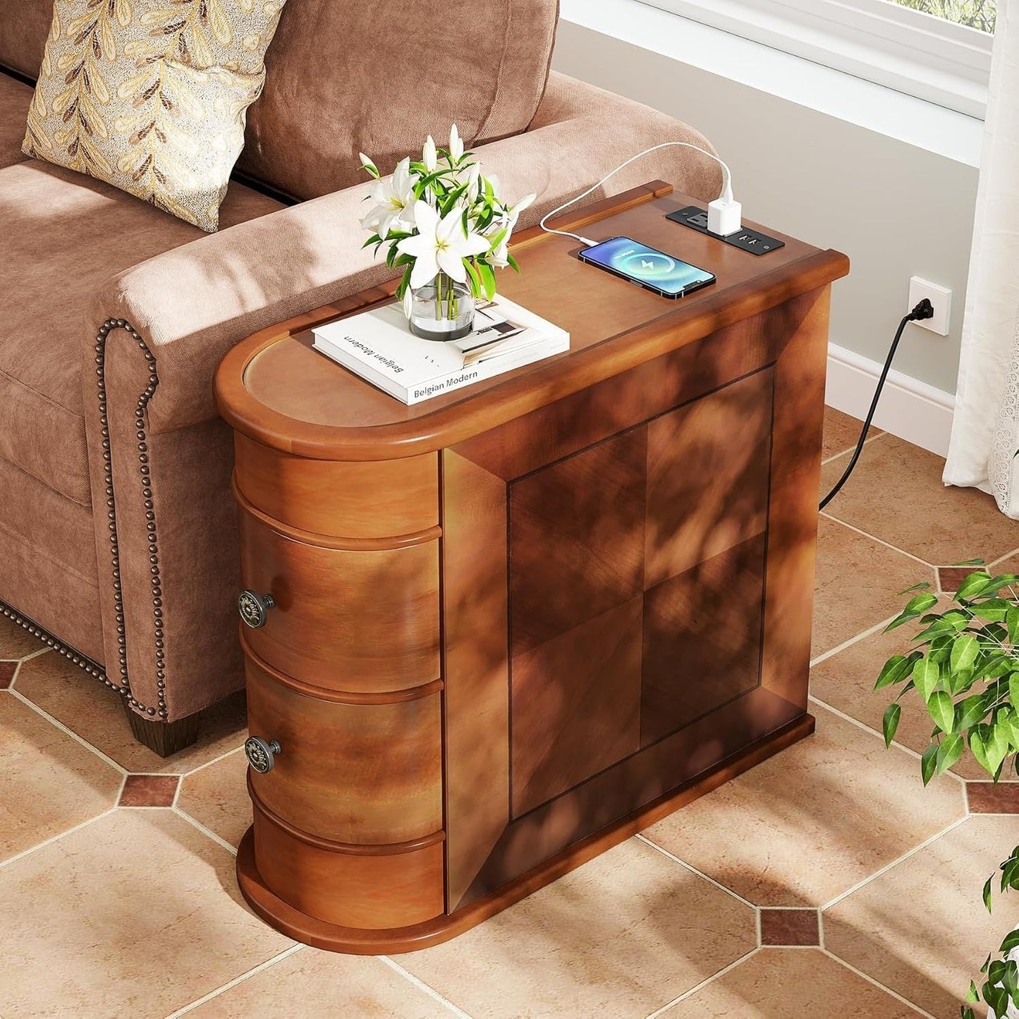 Table d'appoint étroite à deux tiroirs en bois massif