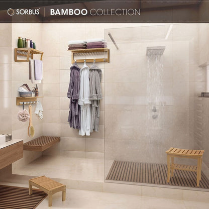 Banc de douche/tabouret en bambou Sorbus, rangement et assise en bois pour salle de bain