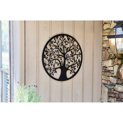 Décoration murale d'extérieur en métal noir Arbre de vie pour patio sud