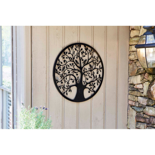 Décoration murale d'extérieur en métal noir Arbre de vie pour patio sud