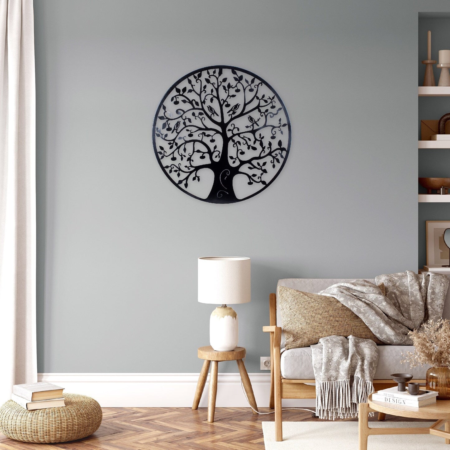 Décoration murale d'extérieur en métal noir Arbre de vie pour patio sud