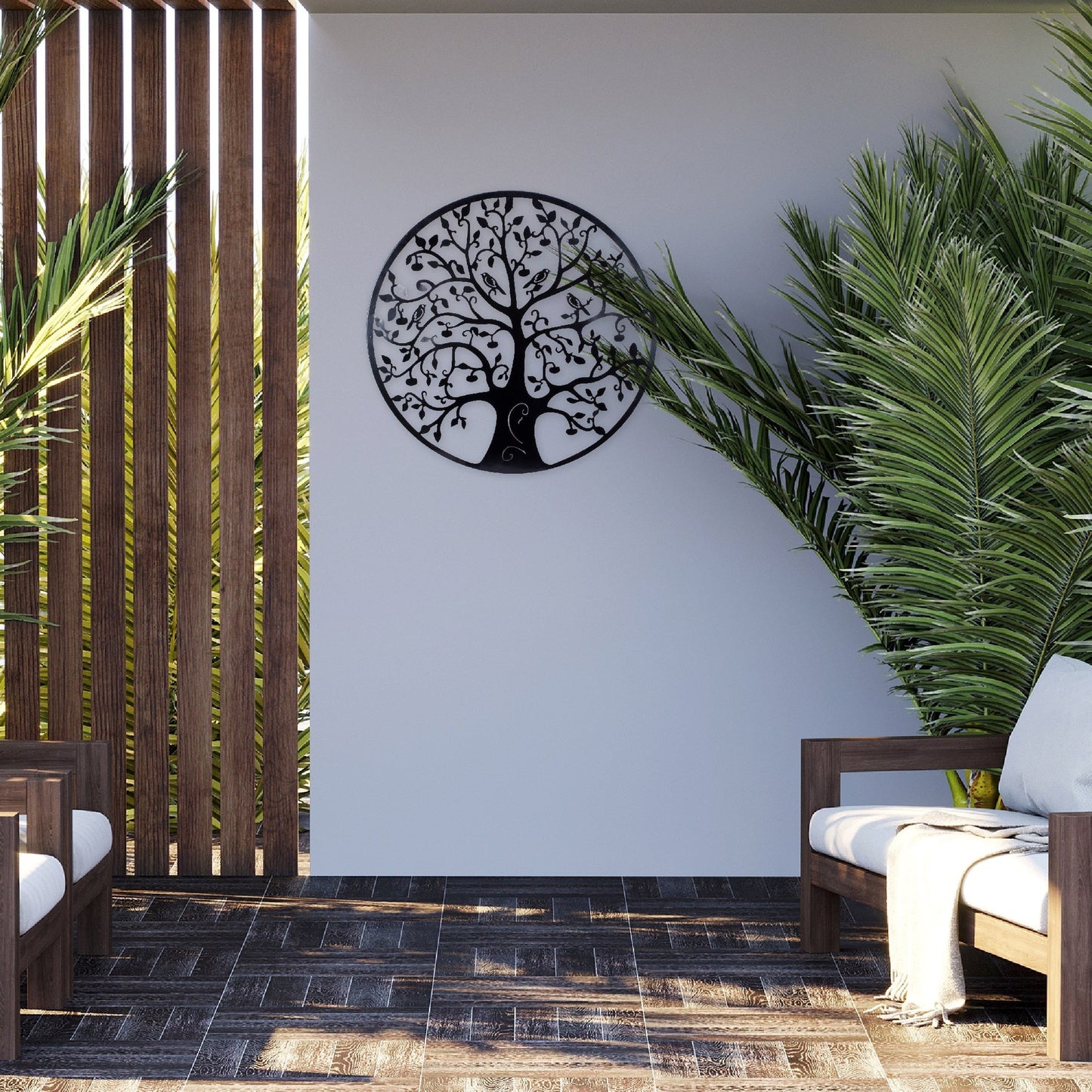Décoration murale d'extérieur en métal noir Arbre de vie pour patio sud
