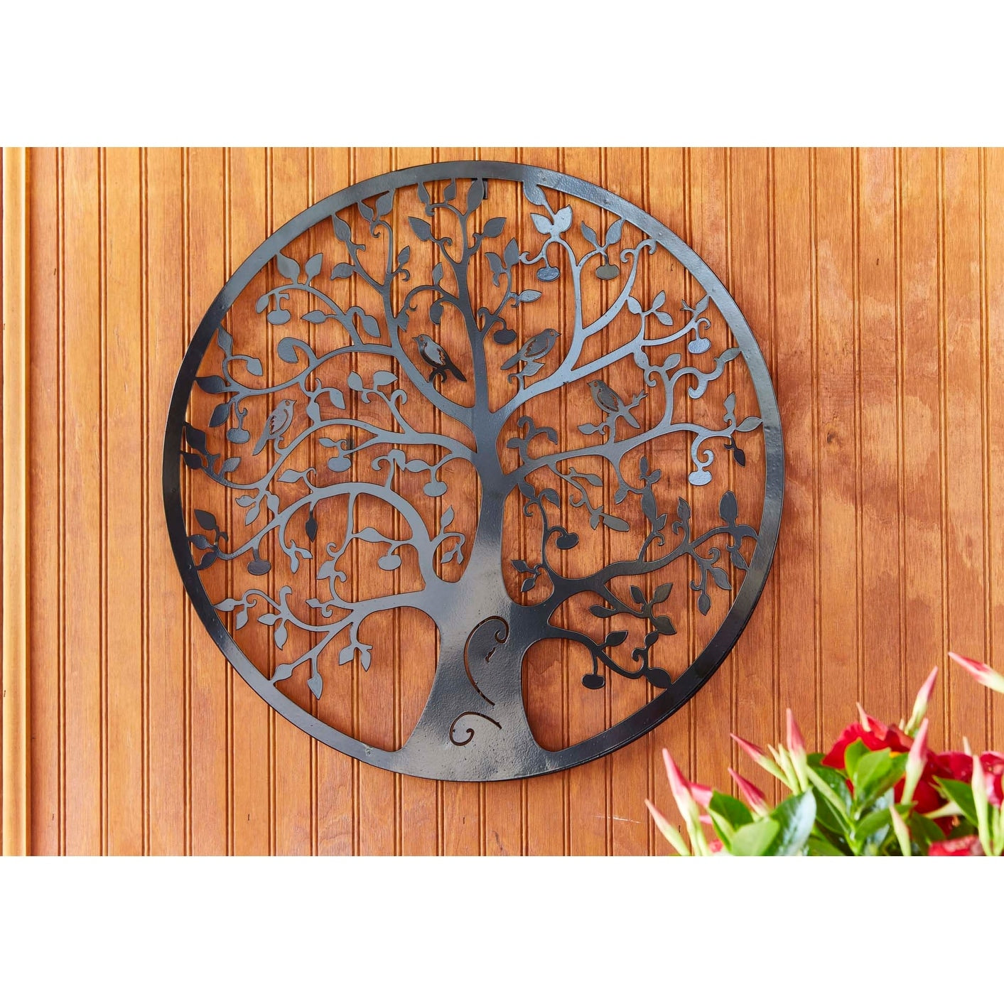 Décoration murale d'extérieur en métal noir Arbre de vie pour patio sud