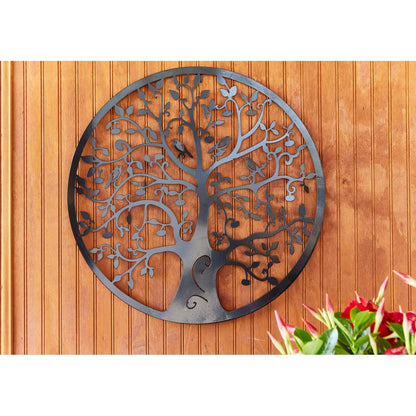 Décoration murale d'extérieur en métal noir Arbre de vie pour patio sud