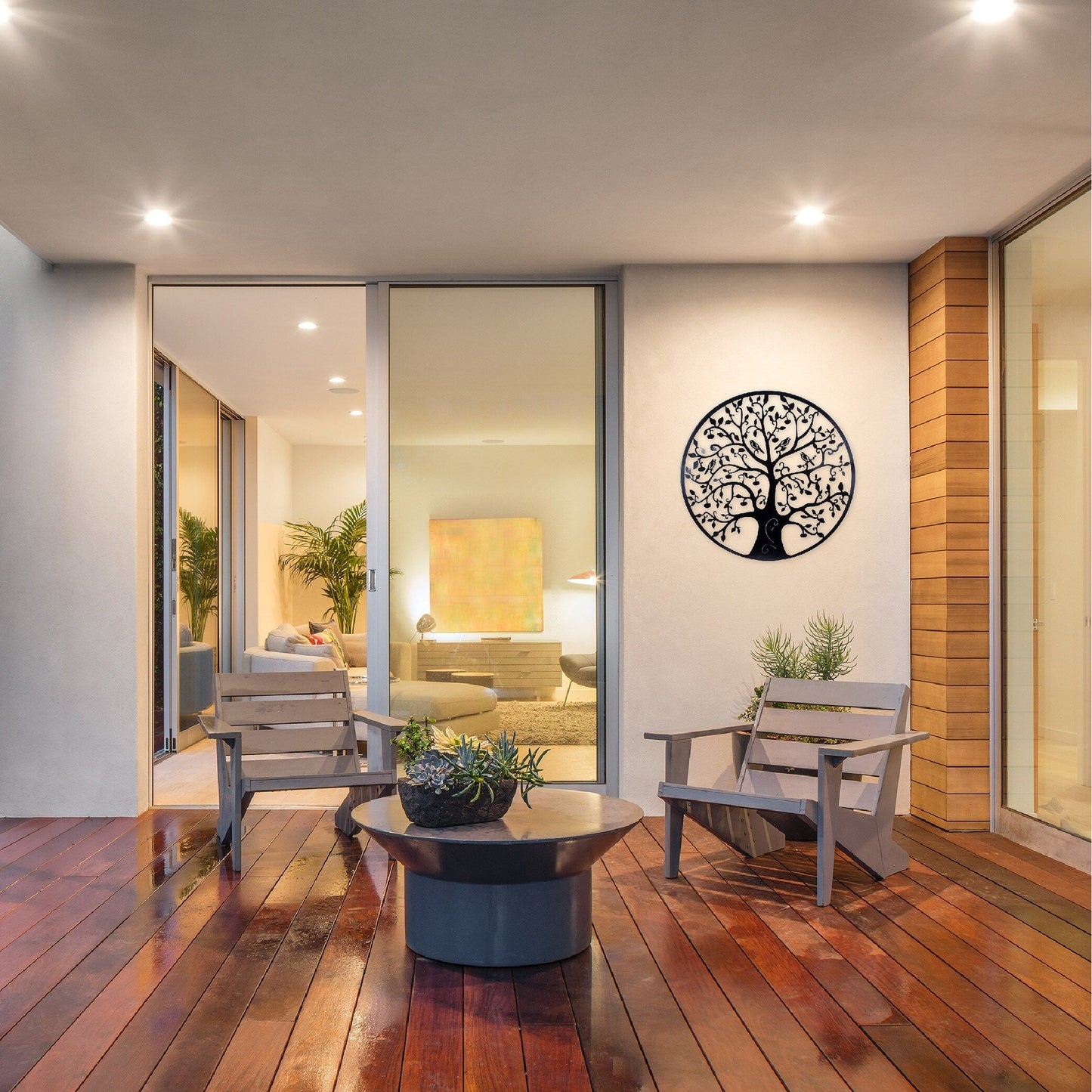 Décoration murale d'extérieur en métal noir Arbre de vie pour patio sud