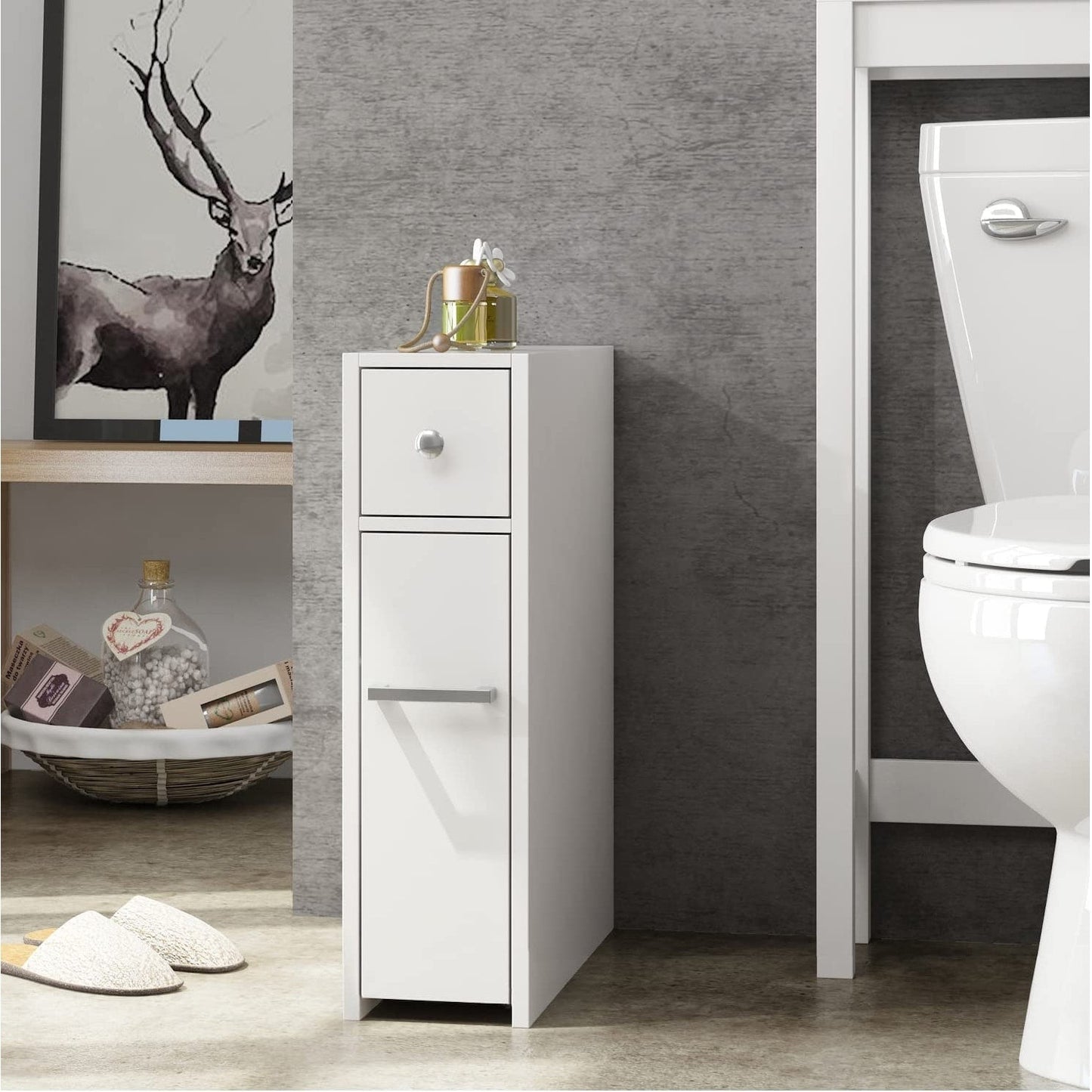 Meuble de rangement de salle de bain Spirich Home Slim, porte-papier toilette autoportant, meuble de salle de bain avec tiroir coulissant