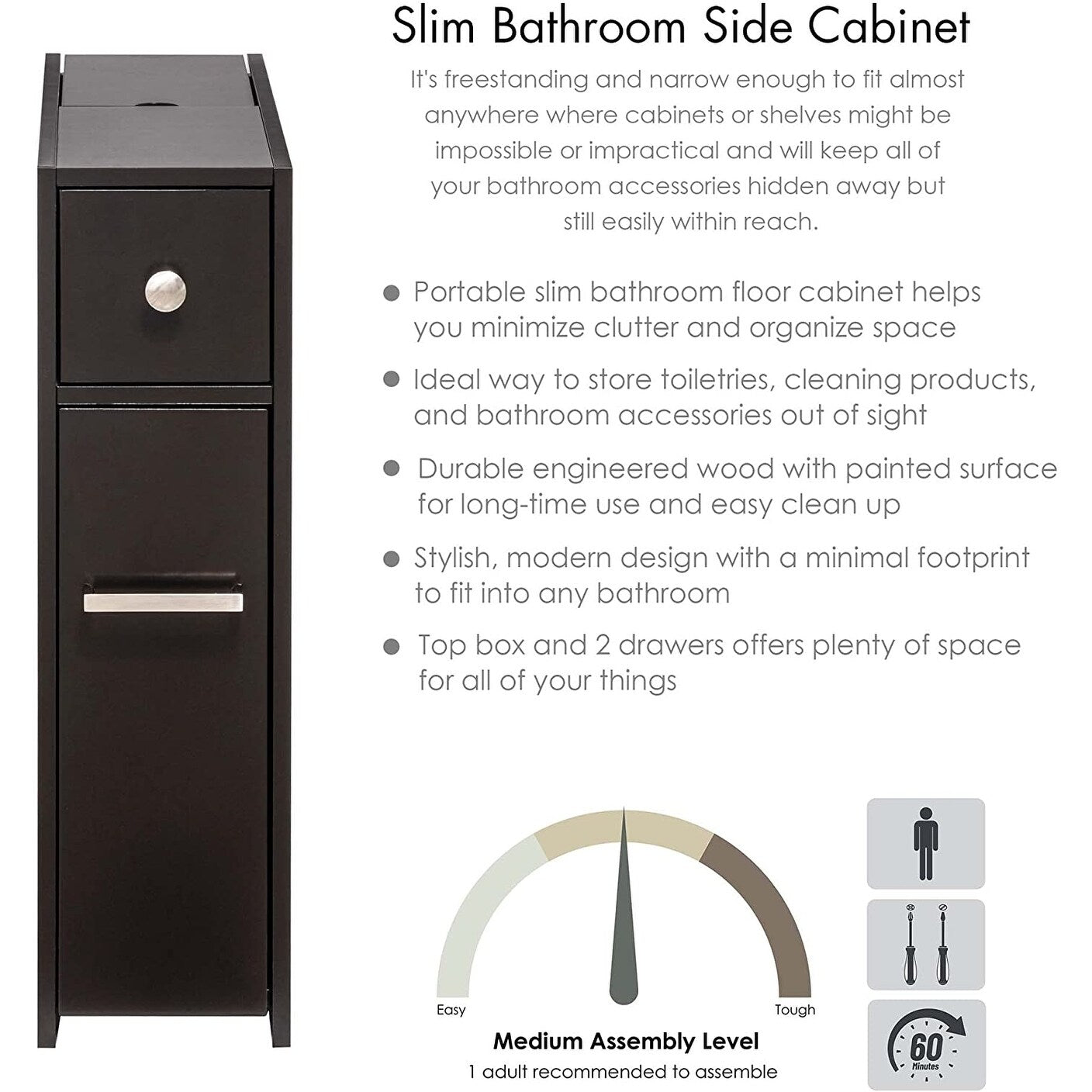 Meuble de rangement de salle de bain Spirich Home Slim, porte-papier toilette autoportant, meuble de salle de bain avec tiroir coulissant