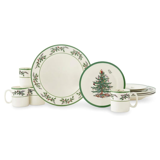Service de table Spode Christmas Tree Holly en faïence fine, 12 pièces