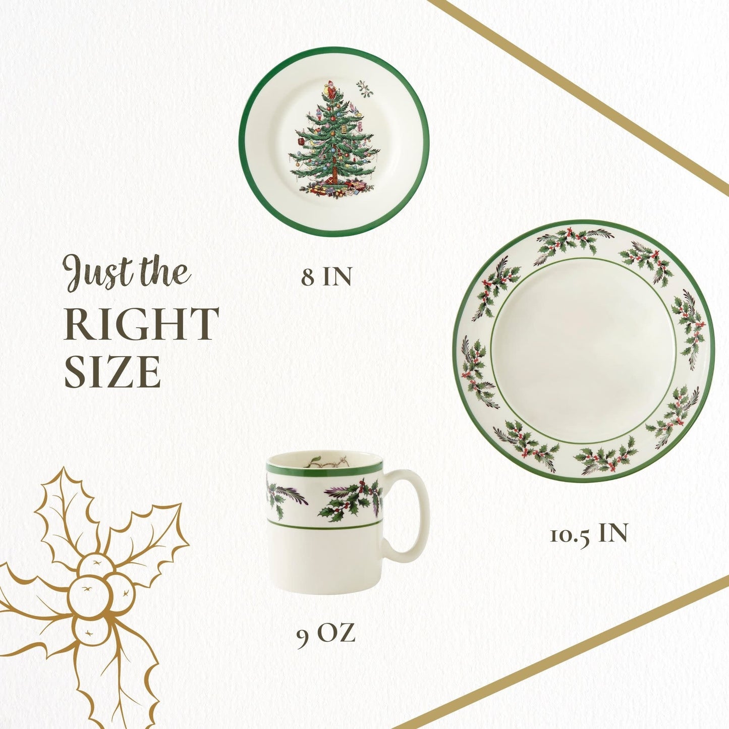 Service de table Spode Christmas Tree Holly en faïence fine, 12 pièces