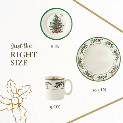 Service de table Spode Christmas Tree Holly en faïence fine, 12 pièces