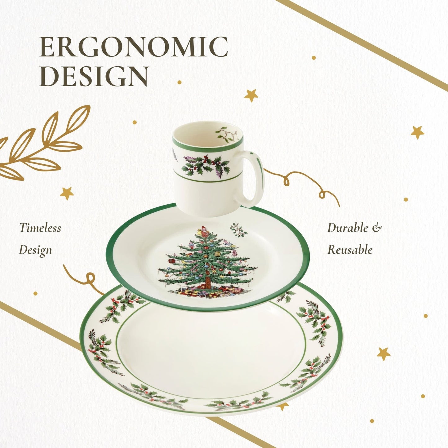 Service de table Spode Christmas Tree Holly en faïence fine, 12 pièces