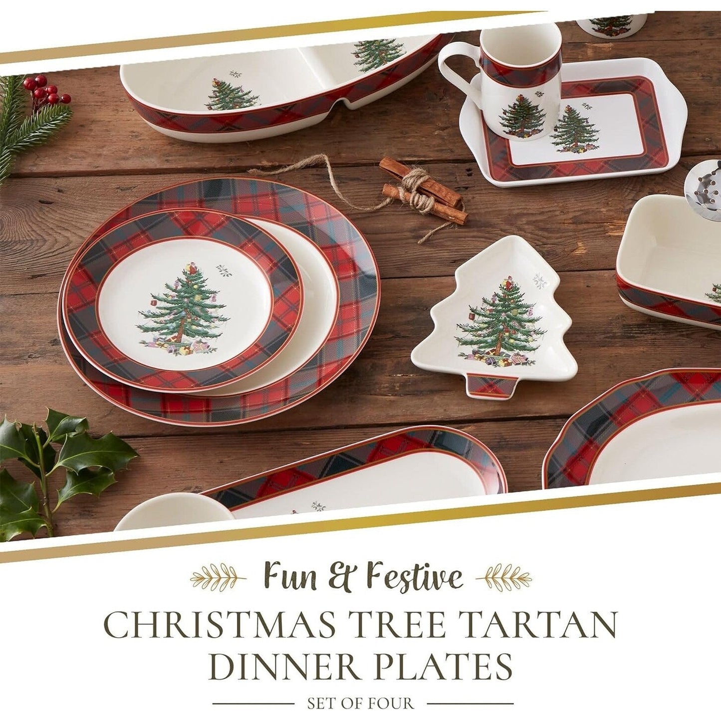 Ensemble de 4 assiettes à dîner en tartan Spode Christmas Tree - 10,5 pouces