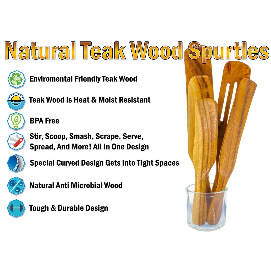 Ustensile cuillère spatule Spurtle - Ensemble de 5 pièces en bois de teck - Batterie de cuisine en bois antiadhésive - Remuer, gratter, retourner, égoutter, plier et écraser. - Grand