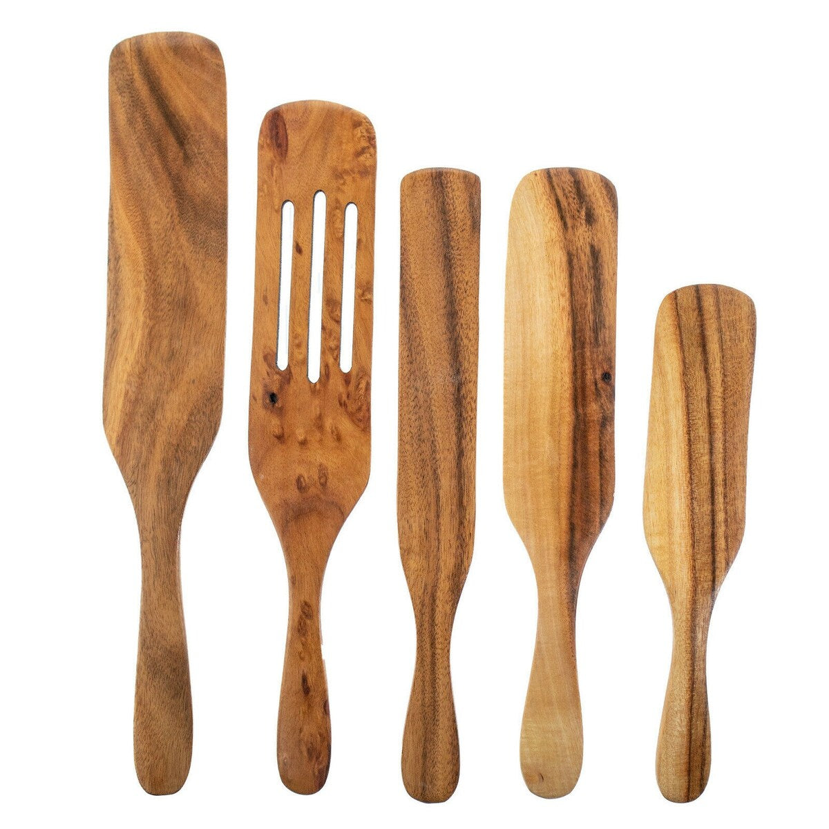 Ustensile cuillère spatule Spurtle - Ensemble de 5 pièces en bois de teck - Batterie de cuisine en bois antiadhésive - Remuer, gratter, retourner, égoutter, plier et écraser. - Grand
