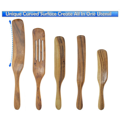 Ustensile cuillère spatule Spurtle - Ensemble de 5 pièces en bois de teck - Batterie de cuisine en bois antiadhésive - Remuer, gratter, retourner, égoutter, plier et écraser. - Grand
