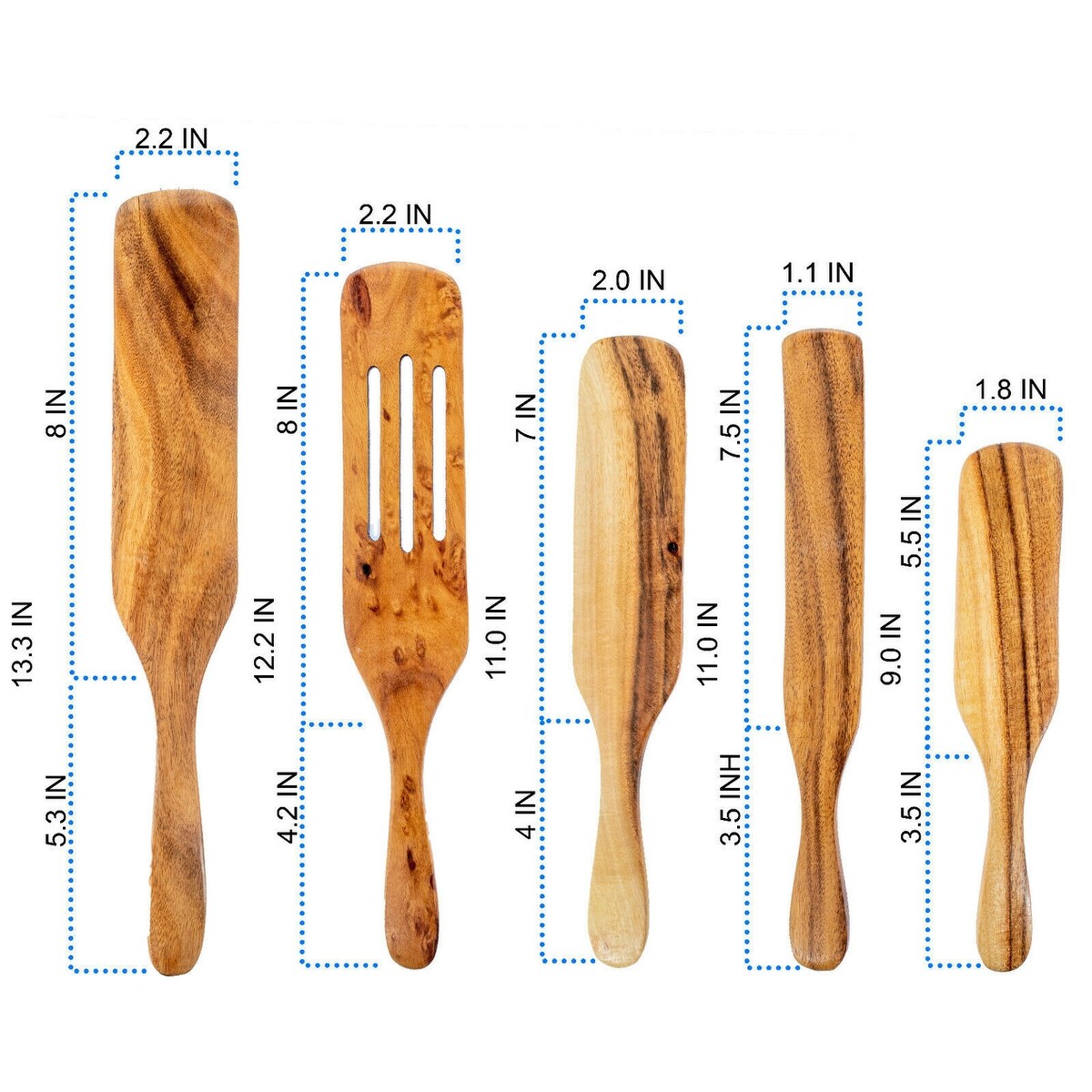 Ustensile cuillère spatule Spurtle - Ensemble de 5 pièces en bois de teck - Batterie de cuisine en bois antiadhésive - Remuer, gratter, retourner, égoutter, plier et écraser. - Grand