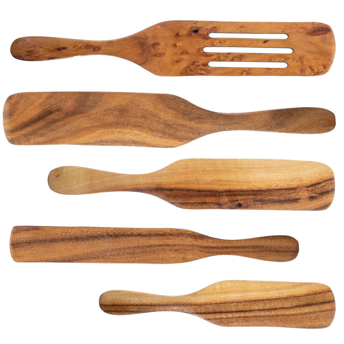 Ustensile cuillère spatule Spurtle - Ensemble de 5 pièces en bois de teck - Batterie de cuisine en bois antiadhésive - Remuer, gratter, retourner, égoutter, plier et écraser. - Grand