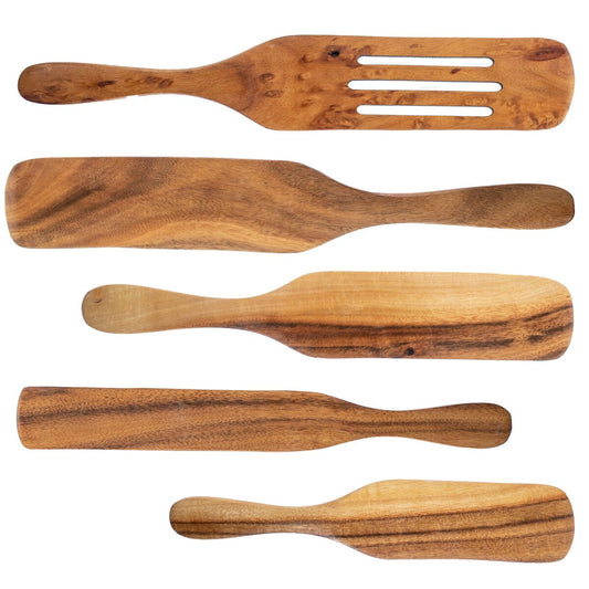 Ustensile cuillère spatule Spurtle - Ensemble de 5 pièces en bois de teck - Batterie de cuisine en bois antiadhésive - Remuer, gratter, retourner, égoutter, plier et écraser. - Grand