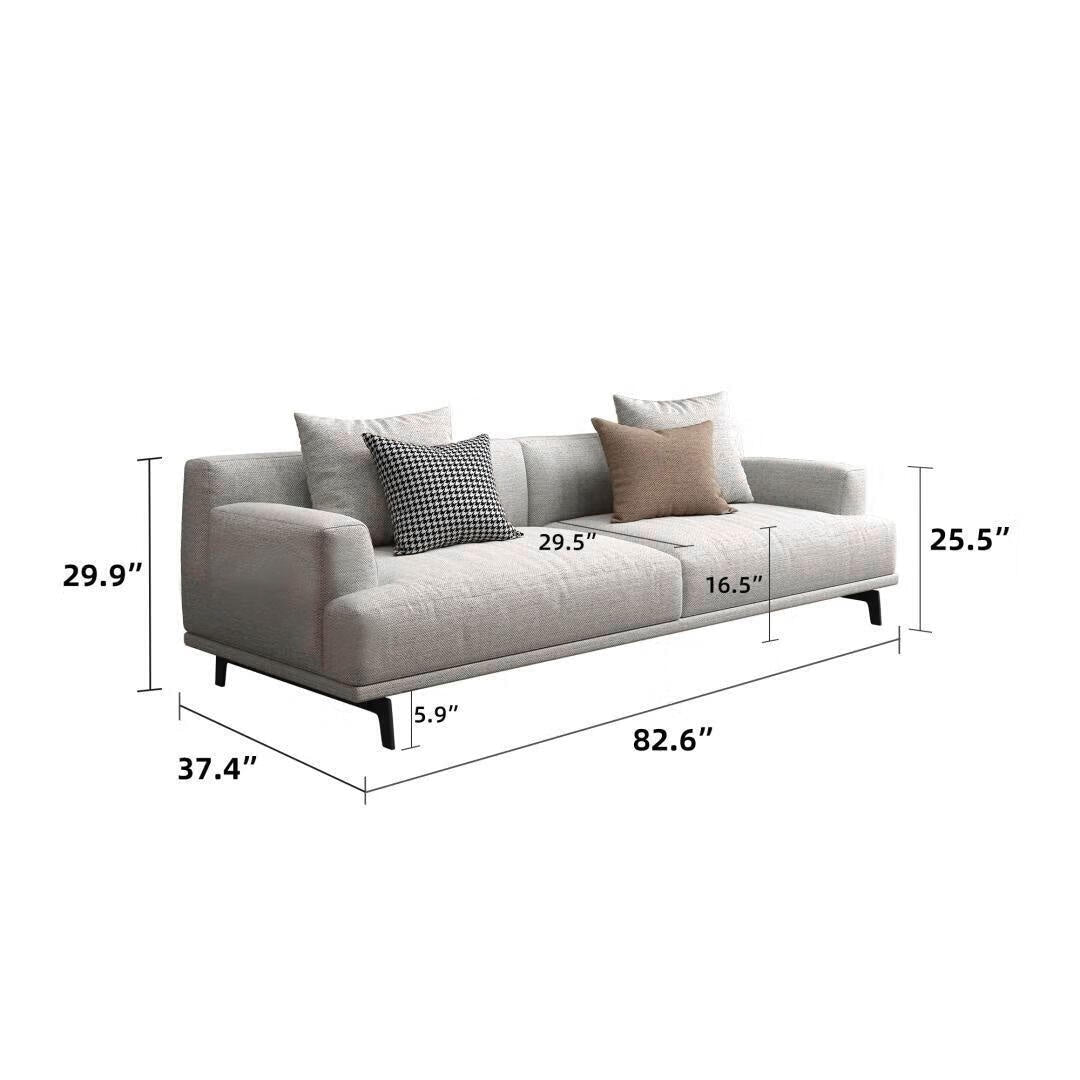 Canapé droit en tissu beige avec accoudoirs carrés