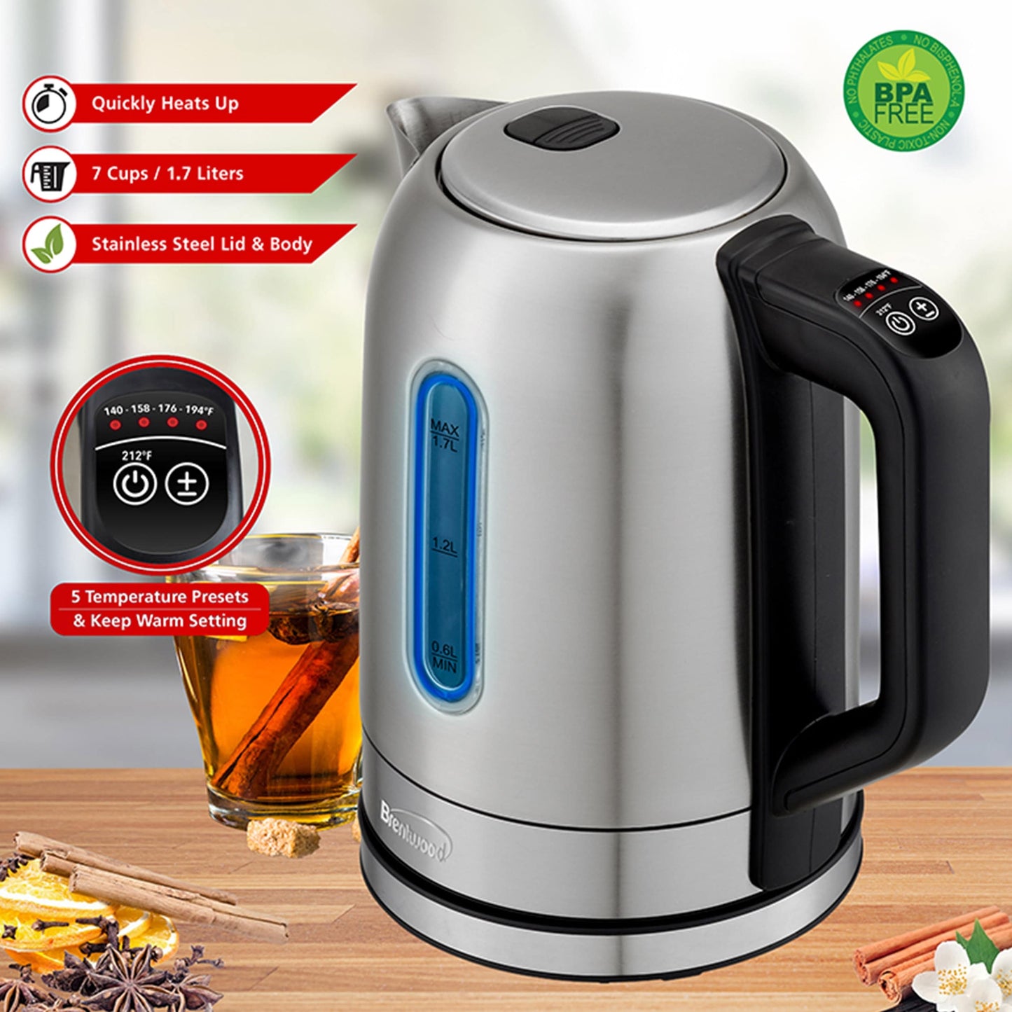 Bouilloire électrique en acier inoxydable de 7,2 tasses avec 5 préréglages