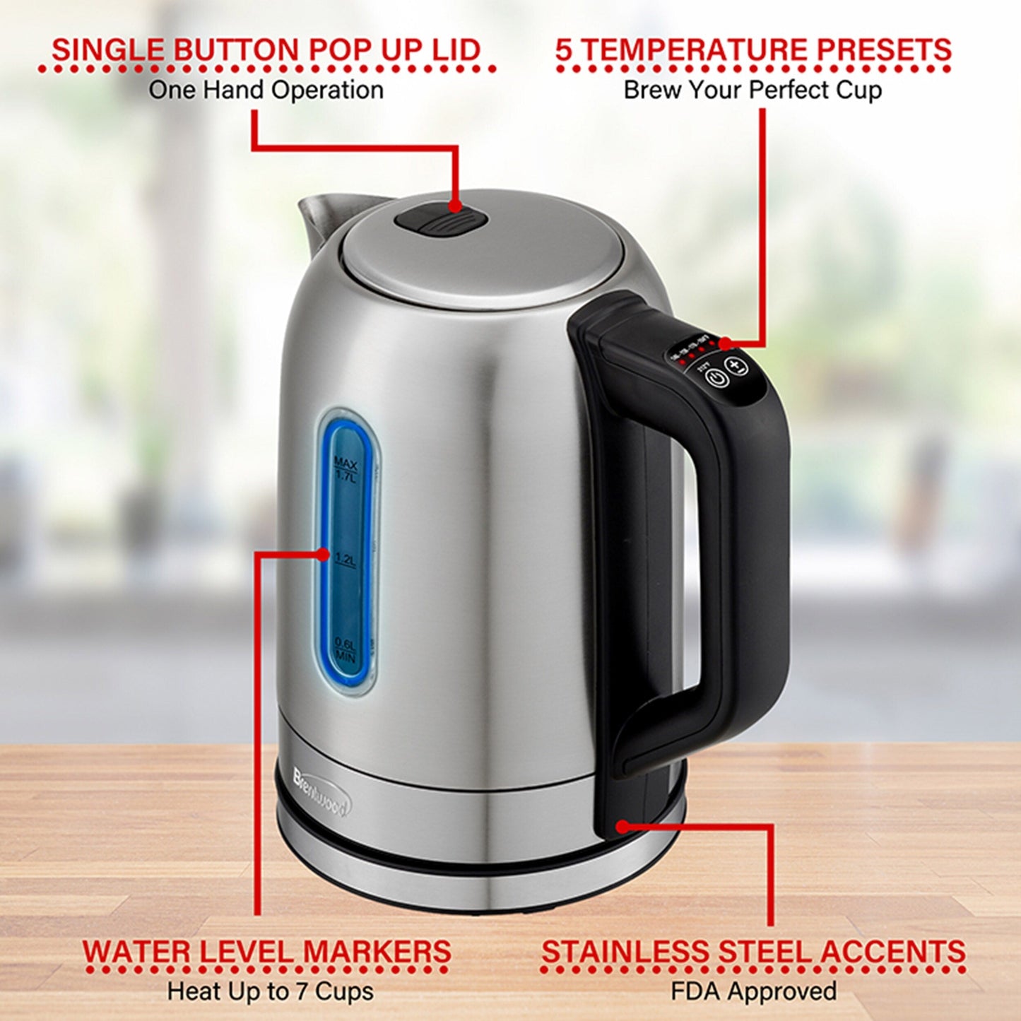 Bouilloire électrique en acier inoxydable de 7,2 tasses avec 5 préréglages
