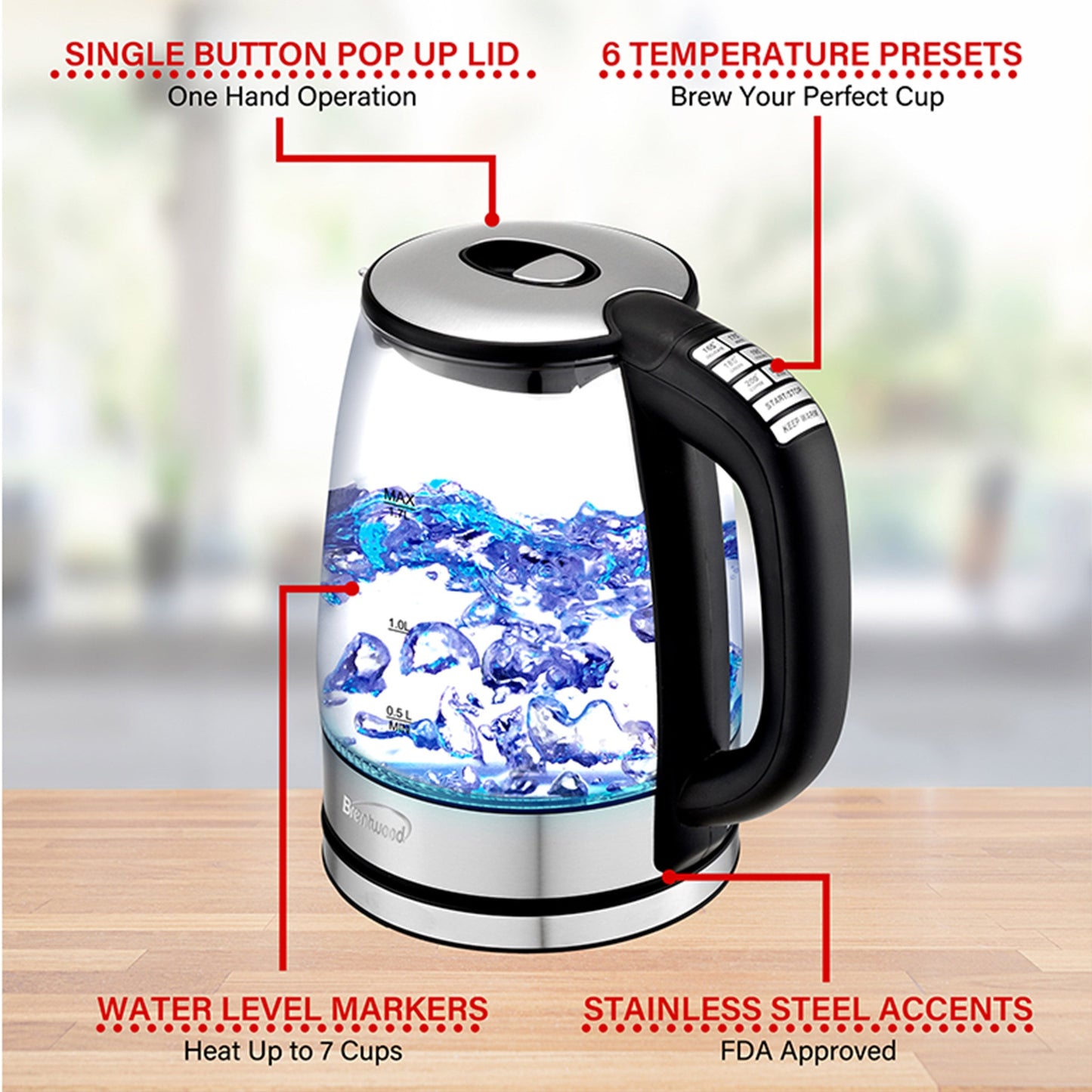 Bouilloire électrique en acier inoxydable de 7,2 tasses avec 6 préréglages