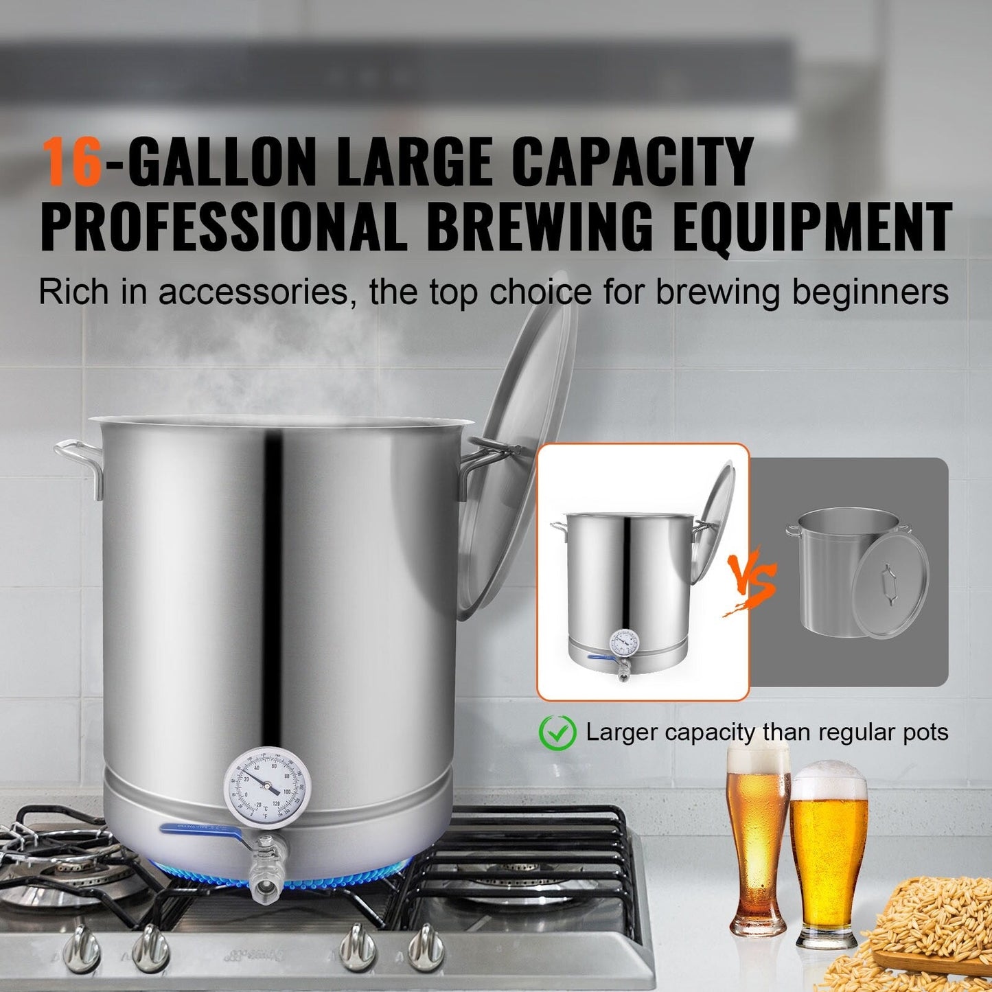 Bouilloire en acier inoxydable, pot de brassage, fond triple épaisseur pour la bière, bouilloire de brassage, fournitures de brassage maison avec couvercle et poignée