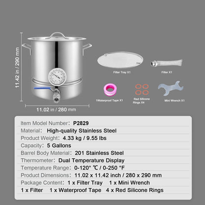 Bouilloire en acier inoxydable, pot de brassage, fond triple épaisseur pour la bière, bouilloire de brassage, fournitures de brassage maison avec couvercle et poignée